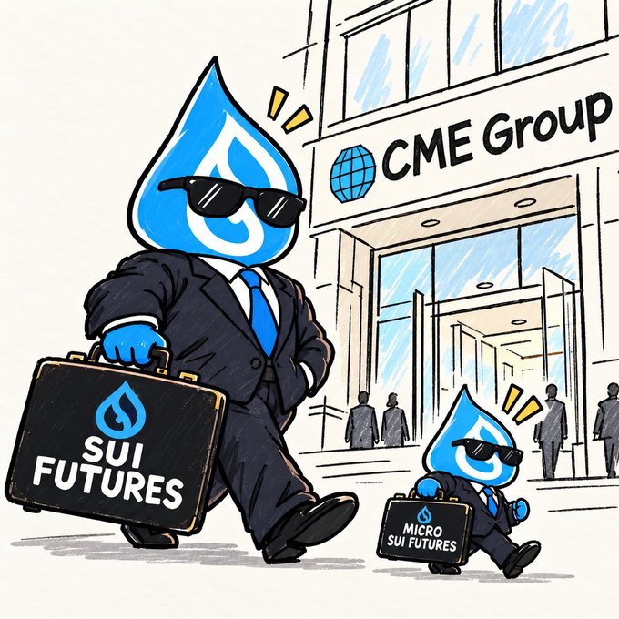 A cartoon illustration of blue water drop mascots in black suits and sunglasses carrying briefcases labeled 'SUI FUTURES' and 'MICRO SUI FUTURES' walking outside the 'CME Group' building.