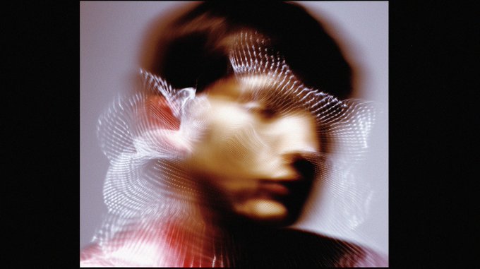 An artistic, heavily blurred and distorted image showing a face with flowing, wave-like patterns radiating outward in white and red tones against a dark background.