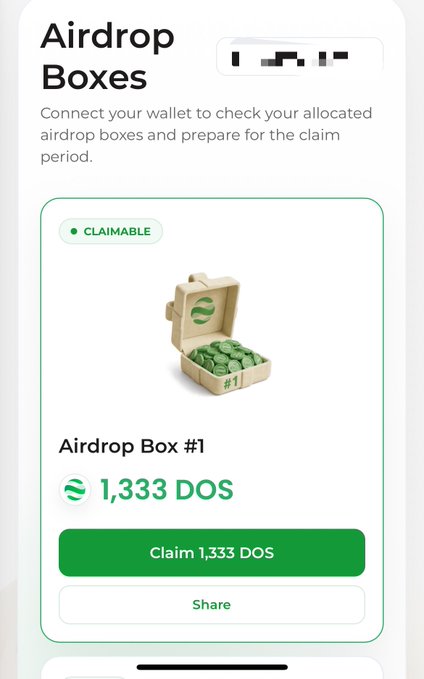 A mobile screenshot of an 'Airdrop Boxes' page showing 'Airdrop Box #1' with 1,333 DOS marked as 'CLAIMABLE' and a green 'Claim 1,333 DOS' button.
