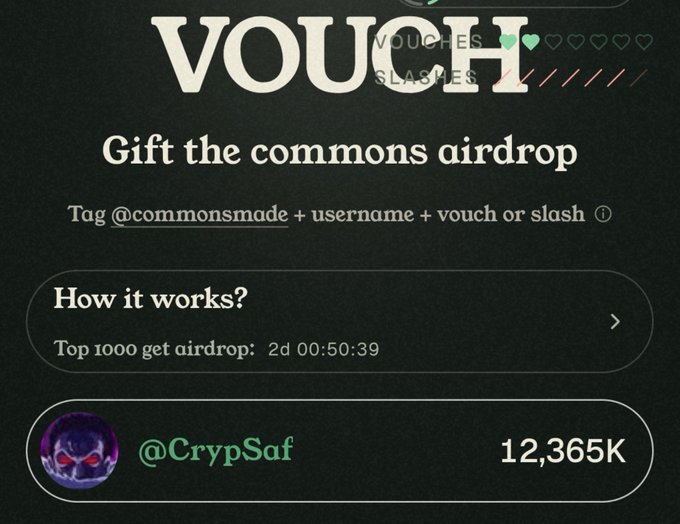 A promotional graphic titled 'VOUCH Gift the commons airdrop' showing instructions to tag @commonsmade with a username, a countdown timer, and user @CrypSaf with 12,365K points.