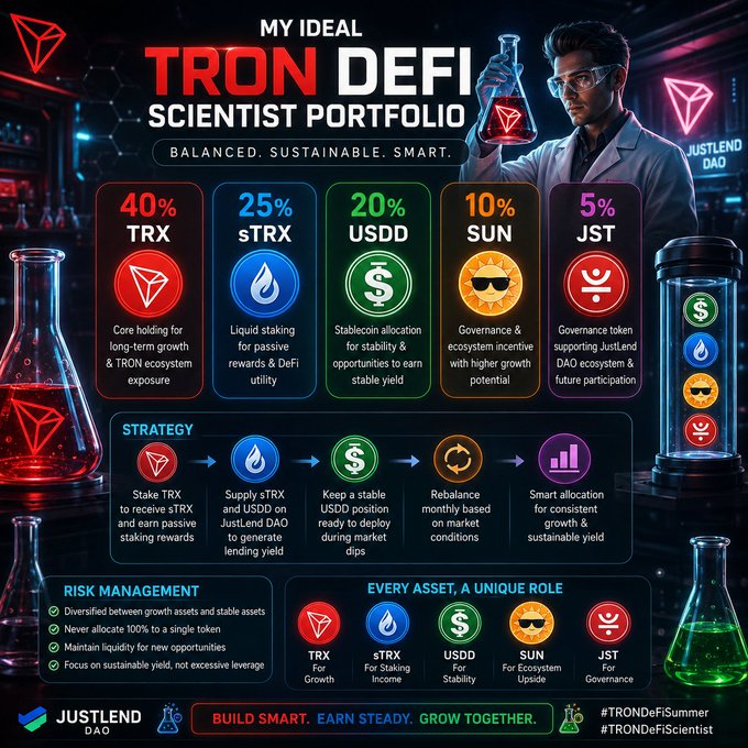 An infographic titled 'MY IDEAL TRON DEFI SCIENTIST PORTFOLIO' shows a balanced crypto allocation: 40% TRX, 25% sTRX, 20% USDD, 10% SUN, and 5% JST, along with a strategy flowchart and risk management tips branded with JustLend DAO.