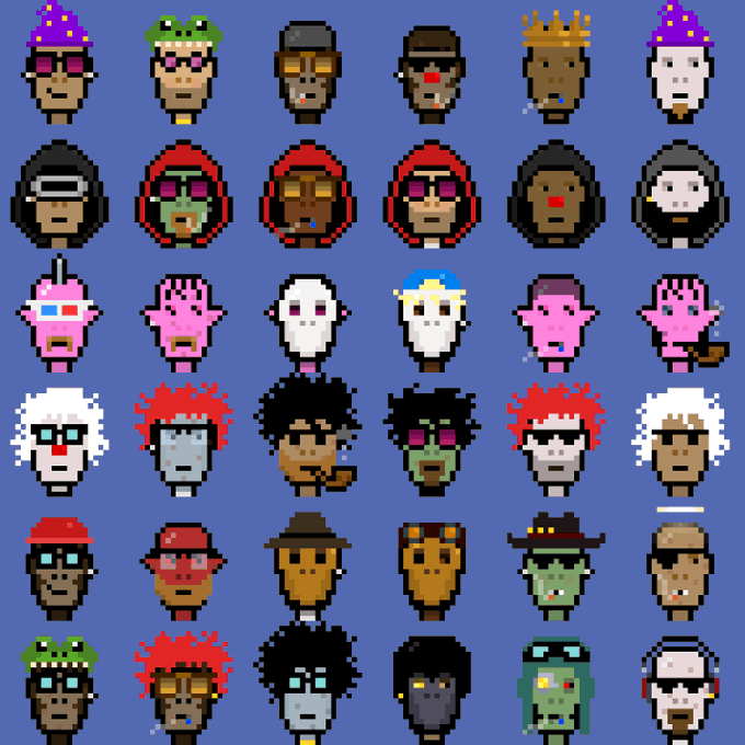 A grid of 30 pixel art character portraits arranged in 5 rows of 6, featuring various creatures, aliens, and humanoid figures with diverse accessories like hats, glasses, and crowns on a blue background.