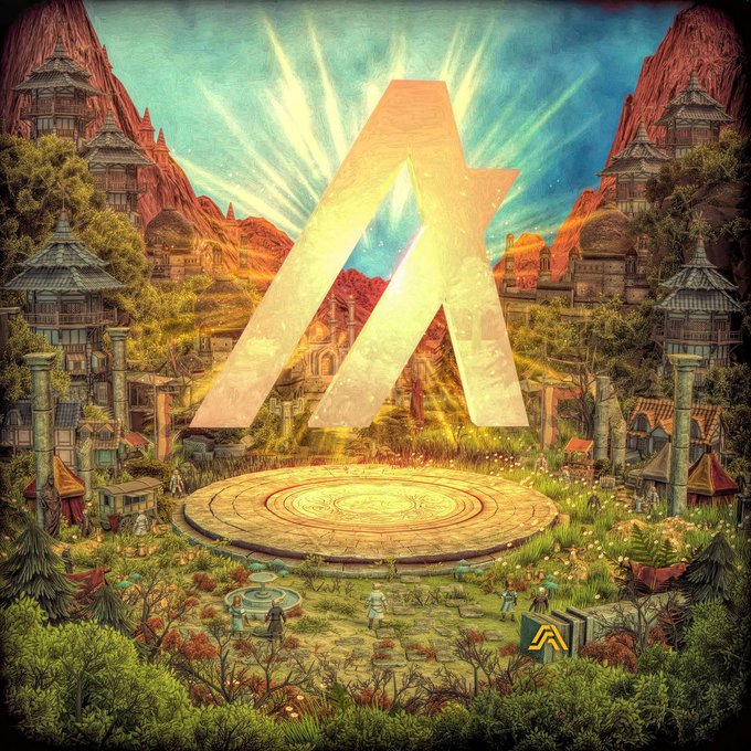 A stylized "A" logo beams over a fantasy village, symbolizing the Algorand ($ALGO) ecosystem's "cooking" activity highlighted in the post. The radiant letter serves as a visual metaphor for the buzz around upcoming launches like Alpha Arcade, Pera Wallet 7.0, and on-chain perps.