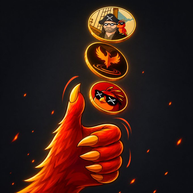 A fiery red bird claw with golden talons reaches upward, balancing three spinning golden coins—including one with a pirate, a phoenix logo, and an "X" design—against a dark, ember-lit background that visualizes the "Heads or tails, we rise" gamble behind the $PHNIX token.