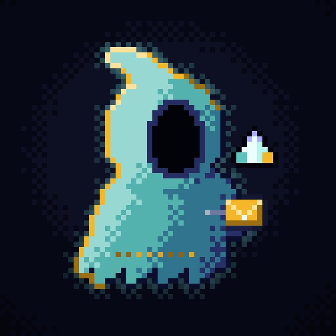 Pixel art of a small teal ghost character holding a slice of cake on a dark background.