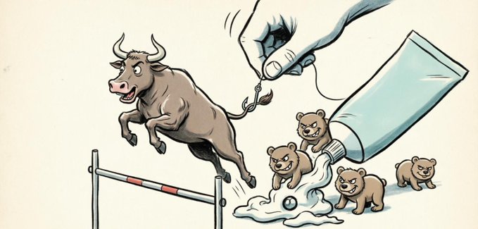 A financial-themed illustration showing a bull jumping over a hurdle, while a hand releases bearish market figures from a tube, symbolizing market volatility.