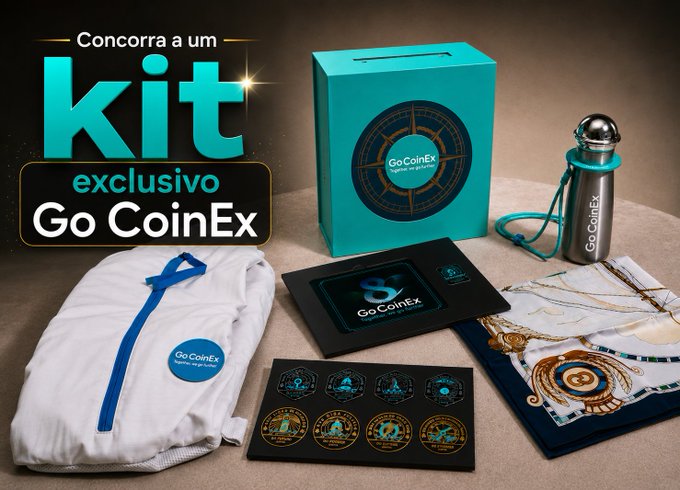 A promotional image advertises a 'kit exclusivo Go CoinEx' containing a teal box, a GoCoinEx thermos, a t-shirt, coasters, and branded accessories.