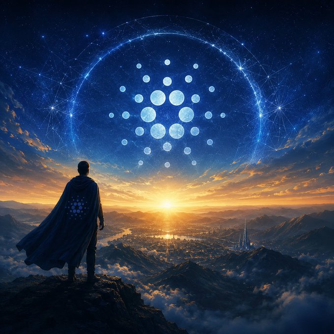 A fantasy digital artwork showing a cloaked figure standing on a mountain peak overlooking a city at sunset, with a glowing blue circular pattern of moons in the starry sky.