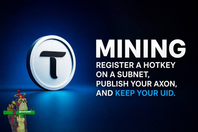 A promotional graphic for 'MINING' featuring a large coin with the letter 'T' and text instructing users to 'REGISTER A HOTKEY ON A SUBNET, PUBLISH YOUR AXON, AND KEEP YOUR UID.'