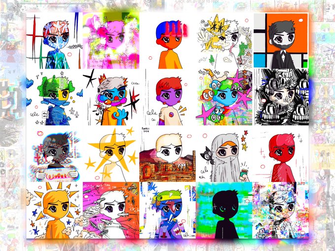 A grid of colorful NFT-style cartoon character portraits featuring various stylized humanoid figures in different colors and artistic styles.