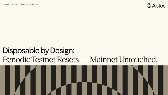 Aptos proposal AIP-147 banner reading "Disposable by Design," outlining a draft policy for periodic Testnet resets (no more than once every 6 months, with 30 days' notice) to manage the network's growing storage footprint without affecting Mainnet or Devnet.