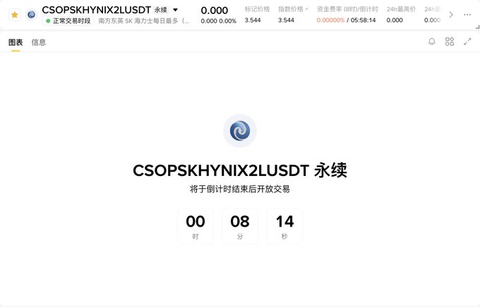 A Binance trading interface displays a countdown timer for the "CSOPSHKYNIX2LUSDT" perpetual contract, showing 00 hours, 08 minutes, and 14 seconds until trading opens. The ticker CSOPSHKYNIX2LUSDT corresponds to the 2x leveraged Sea Limited (7709) Hong Kong stock perpetual contract mentioned in the post, which will open for trading once the countdown ends.