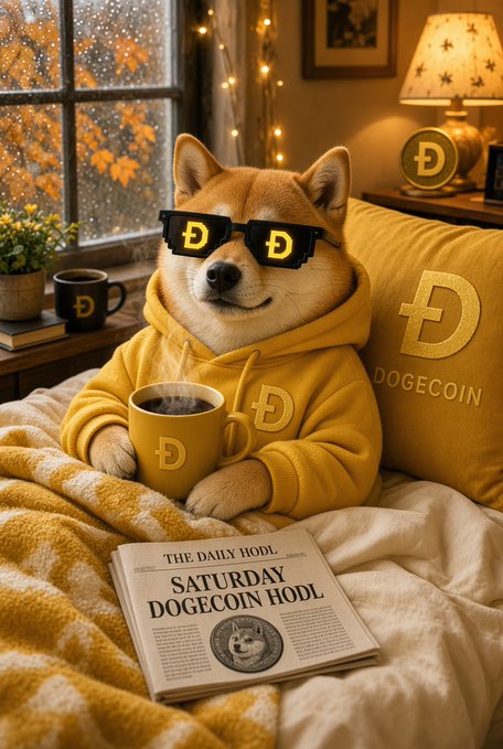 A Shiba Inu dog wearing Dogecoin-themed sunglasses and a yellow hoodie sits comfortably in a yellow Dogecoin-branded pillow, holding a matching mug with a newspaper titled 'Saturday Dogecoin Hodl' visible in the foreground.
