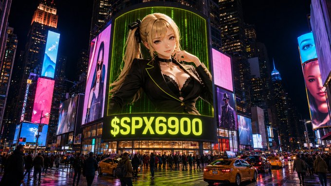 A vibrant nighttime cityscape featuring massive illuminated billboards, including one displaying '$SPX6900' beneath an anime-style character.