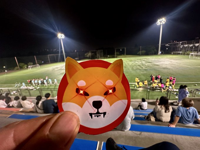 A hand holds up a Shiba Inu dog sticker (resembling the Dogecoin logo) at a nighttime outdoor stadium, with spectators in the stands watching a soccer match under bright floodlights.