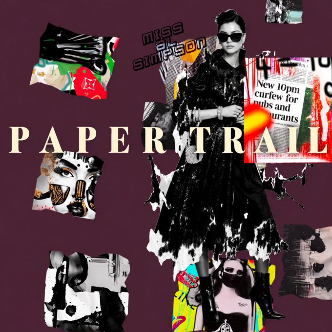 An artistic collage-style graphic with the text 'PAPERTRAIL' and 'MISS SIMPSON', featuring torn paper imagery including a woman in a black dress, newspaper clippings, and a headline reading 'New 10pm curfew for pubs and restaurants'.