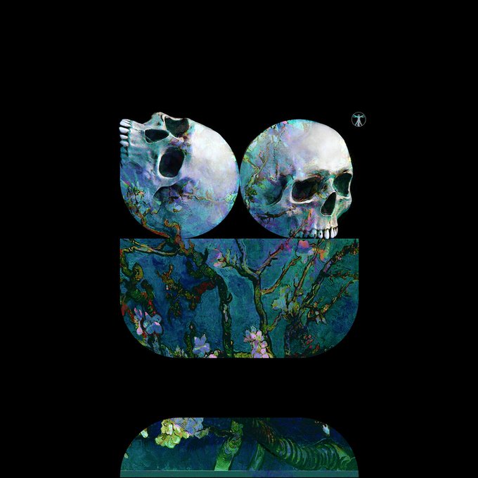 The image features two iridescent skulls with a Van Gogh-inspired floral pattern in blues, greens, and pinks against a black background, displayed on what appears to be a U-shaped platform. The artwork visually echoes the post's theme about derivatives being foundational to NFT culture, as the piece itself appears to be a derivative remix combining memento mori skull imagery with the iconic almond blossom aesthetic of Van Gogh's "Almond Blossom."