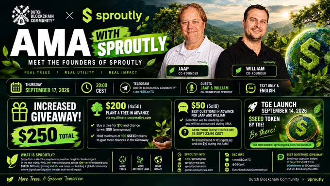 A promotional flyer for an 'AMA WITH SPROUTLY' event on September 17, 2026, featuring co-founders Jaap and William, with details about a $250 giveaway and TGE launch.