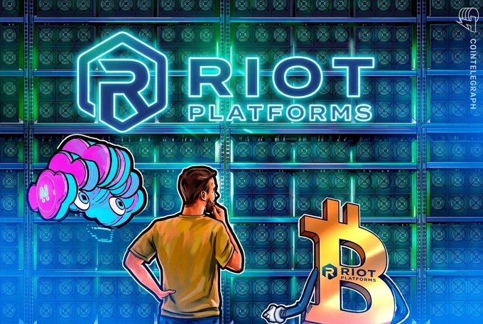 An illustration by Cointelegraph showing a man contemplating in front of a Bitcoin symbol branded with Riot Platforms' logo, with a Pikachu-like character and the Riot Platforms logo displayed above against a background of mining rigs.