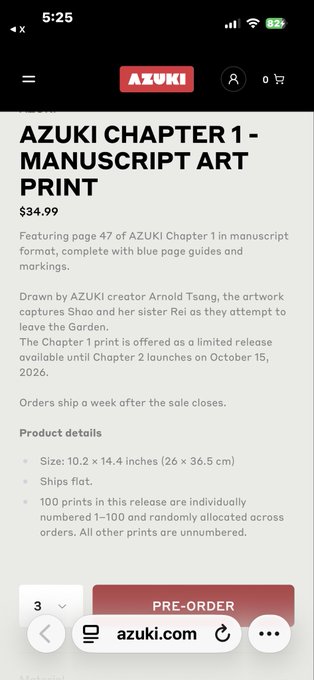 Mobile product page on azuki.com for the 'AZUKI CHAPTER 1 - MANUSCRIPT ART PRINT' priced at $34.99, featuring artwork by creator Arnold Tsang and available for pre-order.
