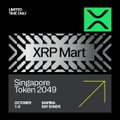 The image displays a trading card for "XRP Mart" with a Singapore Token 2049 stamp dated October 30, Market Cap 1.215 Billion, while the accompanying post promotes Ripple Prime's participation at the Singapore Token 2049 event alongside major financial institutions like NASDAQ, BlackRock, and Morgan Stanley.