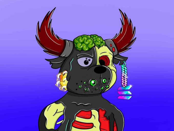 The image features a cartoon dog wearing a costume that includes horns and a brain. The dog appears to be made of clay or plaster with a red nose and green eyes. It has a sad expression, giving off an impression of being unhappy. The background is blue, which contrasts with the colorful and detailed design of the dog's costume. There are also some text elements in the image that read "Good Morning Happy June" and "HAPPY MUTANT MONDAY! It’s the start of a new month, and we got some fun things cookin Tap into @SolOnChain & @BullBearsX If you’re not evolving, you’re devolving.". The dog's costume is the main focus of the image, with its unique design and sad expression drawing attention to it.