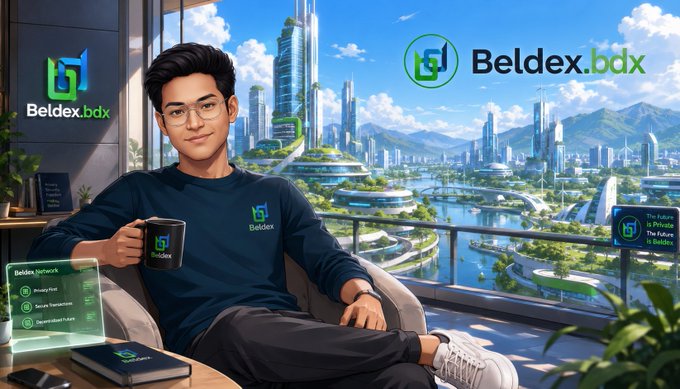 A digital illustration of a young man wearing glasses and a blue Beldex sweatshirt, holding a mug, seated in a modern high-rise with a futuristic cityscape view behind him, featuring the 'Beldex.bdx' logo.