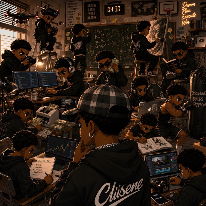 A bustling creative studio scene depicts multiple young men engaged in various entrepreneurial pursuits—coding, filmmaking, boxing, painting, and trading crypto—with visible text including "Plan. Build. Scale. Escape," "NOBODY CARES WORK HARDER," "04:30," "Dream. Plan. Execute. Win," "DISCIPLINE BUILDS FREEDOM," and "Chisene" on the central figure's hoodie, capturing a hustle-culture morning grind that aligns perfectly with the "gm ct" (good morning crypto Twitter) sentiment.