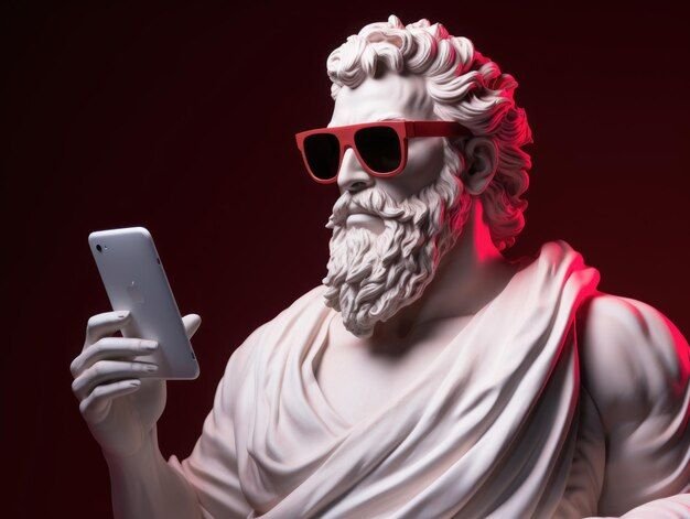 Stylized 3D render of a classical white marble statue of a bearded Greek philosopher wearing modern red sunglasses and holding a white smartphone against a dark red background.