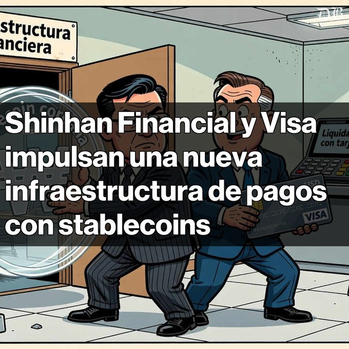 A cartoon illustration with Spanish text reading "Shinhan Financial y Visa impulsan una nueva infraestructura de pagos con stablecoins", showing two men in suits near a safe and a Visa card.