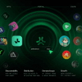 A dark green digital dashboard interface featuring a glowing central logo surrounded by circular icons, with a chat or sidebar menu at the bottom.