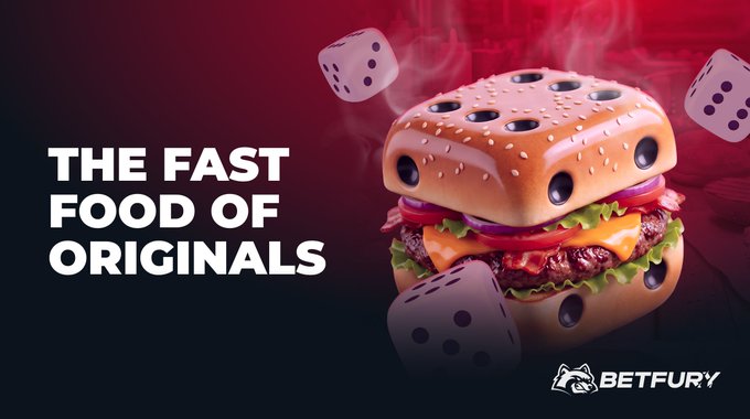 A promotional graphic featuring a hamburger with dice-patterned sesame seeds surrounded by floating dice, alongside the text 'THE FAST FOOD OF ORIGINALS' and the 'BETFURY' logo.