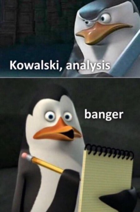 The image features a cartoon penguin holding a pencil and notebook while looking at them with an expression of confusion or curiosity. Below this scene, there are two posts related to the cartoon character. The first post reads "Kowalski, Analysis", which is likely referring to the analysis of the cartoon character's actions in the image. The second post says "banger", possibly indicating a humorous or satirical commentary on the character's actions.