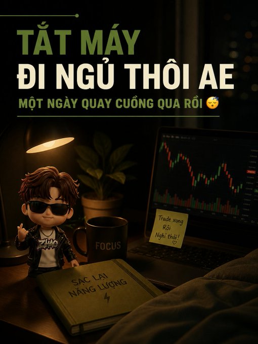 A warmly lit desk scene features a sunglasses-wearing chibi figurine beside a "FOCUS" mug, a book labeled "SẠC LẠI NĂNG LƯỢNG," a candle reading "Trade xong rồi, Nghỉ thôi!" with a heart, and a laptop displaying a red-and-green candlestick chart—visually reinforcing the poster's Vietnamese message "TẮT MÁY ĐI NGỦ THÔI AE" ("Turn off the screen and go to sleep, folks") about stepping away from the markets to recharge after a hectic trading day.