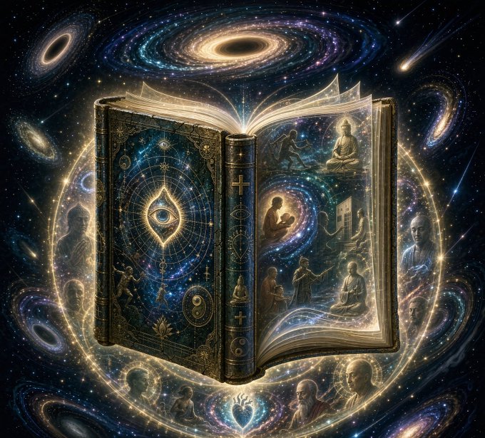 A digital fantasy artwork of an ancient, glowing book with mystical symbols and an eye on the cover, open to reveal illustrations of meditating figures, surrounded by a cosmic background filled with stars, galaxies, and ethereal faces.