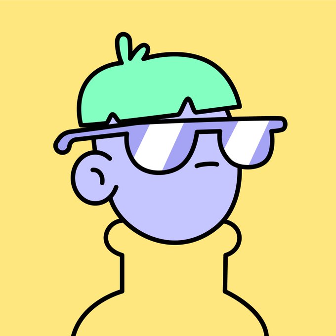 A cartoon illustration of a purple character wearing a green cap and reflective sunglasses, with a small tuft of hair sticking up on a yellow background.