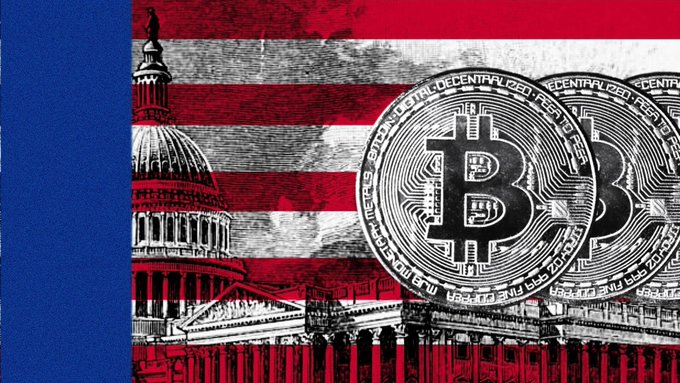 An image showing the U.S. Capitol building layered with the American flag and physical Bitcoin coins.