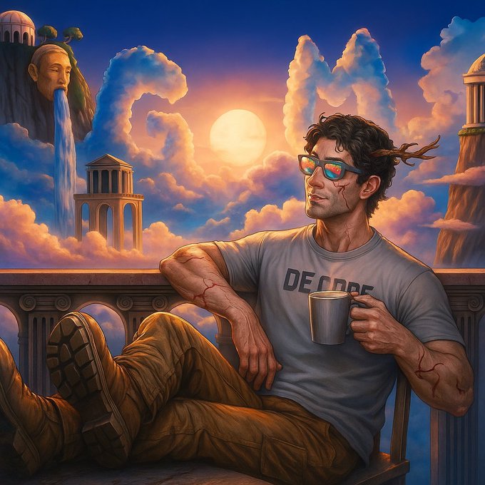 A digital painting of a muscular man wearing sunglasses and a 'DECORE' t-shirt, sitting casually with a mug against a sunset backdrop featuring classical architecture and floating islands.