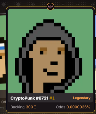 This image shows CryptoPunk #6721, a "Legendary" NFT with a backing of 300 ETH, which aligns with the accompanying post's announcement of a Cryptopunk hoodie backed with 300 ETH.