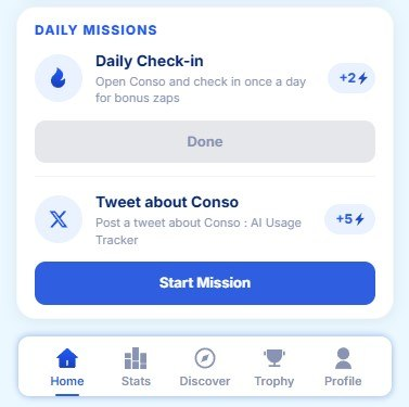 A mobile app interface titled 'DAILY MISSIONS' showing a completed 'Daily Check-in' and an active 'Start Mission' button for a tweet about 'Conso'.