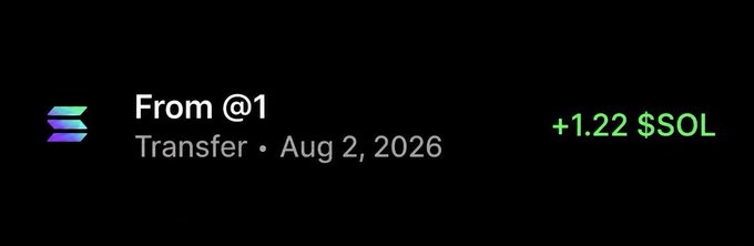 This image shows a successful transfer of +1.22 $SOL from @1 on Aug 2, 2026, which aligns with the post's claim of a $SOL giveaway.