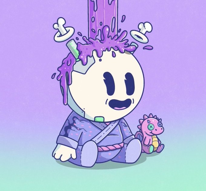 A cute, round character in pajamas has purple liquid poured onto its head from above, with two pacifiers floating in the splashes, while holding a small pink stuffed animal against a purple and teal background.