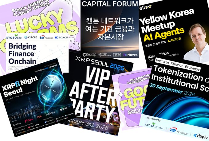 A collage of overlapping event posters for crypto and finance conferences in Seoul and Korea, including events like XRP Seoul 2026, Capital Forum, and the Yellow Korea AI Agents Meetup.