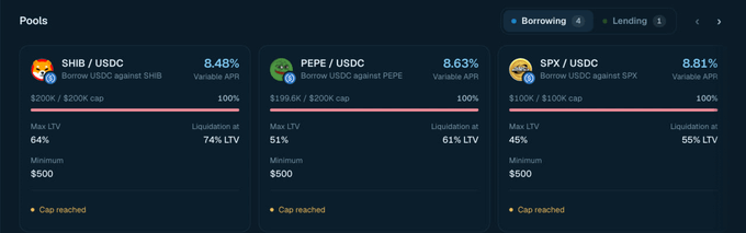A financial dashboard displaying DeFi lending pools for SHIB/USDC, PEPE/USDC, and SPX/USDC with various APY rates, including borrowing and lending tabs.