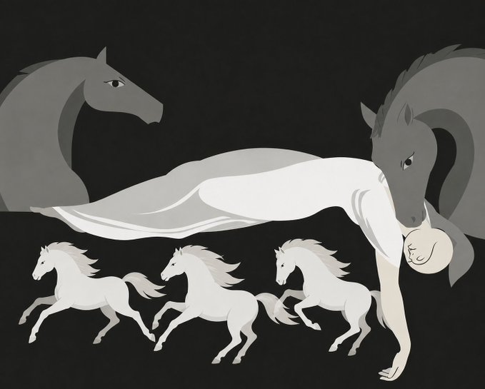 A stylized illustration on a black background showing gray horses' silhouettes, a white horse, and three small white running horses.