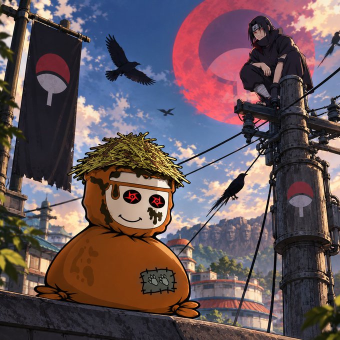 An anime-style scene featuring a small brown creature in a leafy hat, a masked ninja sitting on a utility pole, flying birds, and a large red moon; black banners display a Poké Ball-like symbol.