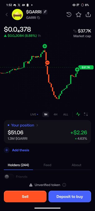A crypto trading app screenshot shows the $GARRI token at $0.00378 with a 1-hour chart, a position of $51.06, and options to "Sell" or "Deposit to buy".