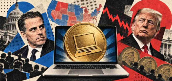 A political graphic featuring Hunter Biden on the left and Donald Trump on the right, flanking a central laptop displaying a gold coin with a laptop symbol, set against a US map and government building imagery.