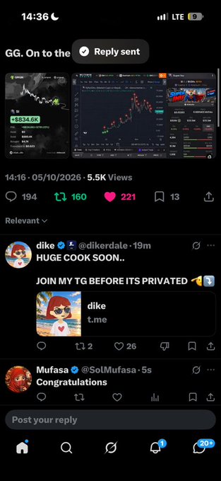 Screenshot of a Twitter/X post by @dikardale showing trading screenshots with 5.5K views, where the author promotes 'HUGE COOK SOON' and asks people to 'JOIN MY TG BEFORE ITS PRIVATED' with a link to t.me/dike.