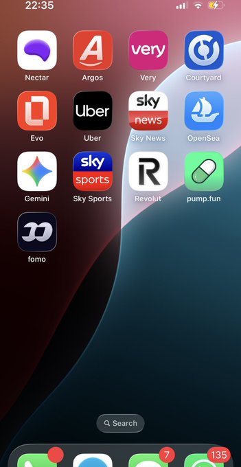 An iOS home screen displaying various app icons including Nectar, Argos, Very, Courtyard, Evo, Uber, Sky News, OpenSea, Gemini, Sky Sports, Revolut, pump.fun, and fomo, with notification badges showing 7 and 135 messages.